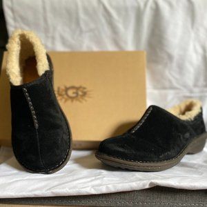 UGG Black Bettey Suede Leather Sheepskin Mules, shearling lined, short, size 8
